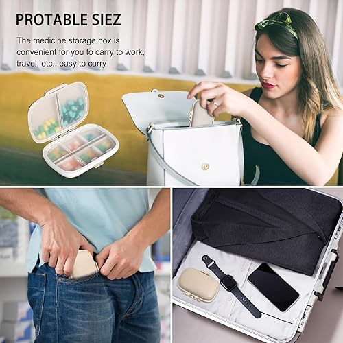 Miniatura 5 de Ouzorp Paquete de 2 pastilleros de viaje de 8 compartimentos, pastillero portátil impermeable, estuche para medicamentos, pastillero pequeño para