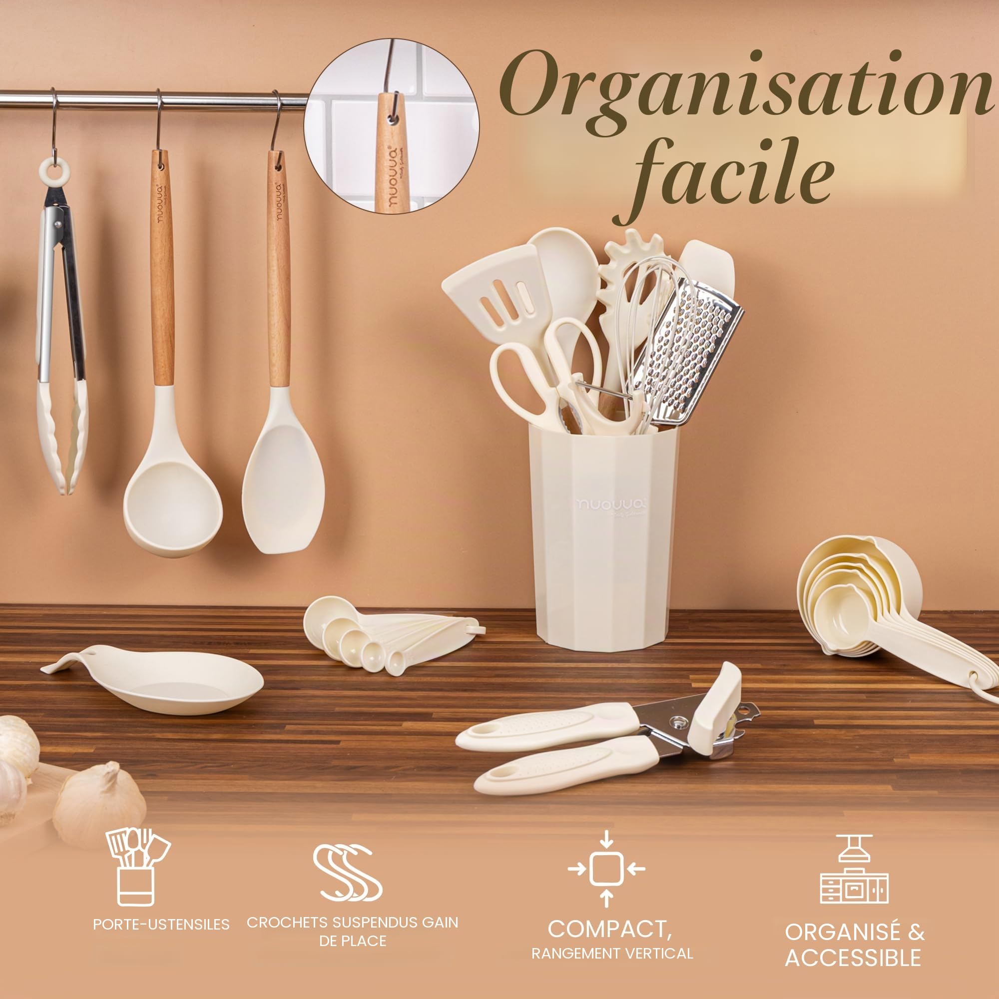 Ustensiles de cuisine antiadhésifs - Ustensiles en silicone résistants à la chaleur avec manche en bois - Ensemble de louches, cuillères et spatules - Outils et accessoires de - 35 pièces, Crème