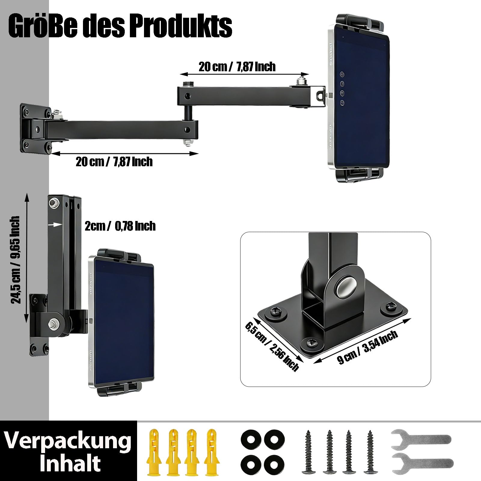 Uchwyt ścienny na tablet, aluminiowy wysuwany uchwyt ścienny, regulacja wysokości, składany, obracany o 360 stopni, składany, do kuchni, biura, salonu, łazienki lub sypialni, do urządzeń 4-13"