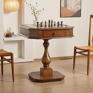 Reversible Chess Checker Game Table with 2 Drawers, Cherry Colored | Chess Table Furniture, for Family Entertainment Room, 2-in-1 Square Game Tray for Chess Checker Backgammon, Side Table