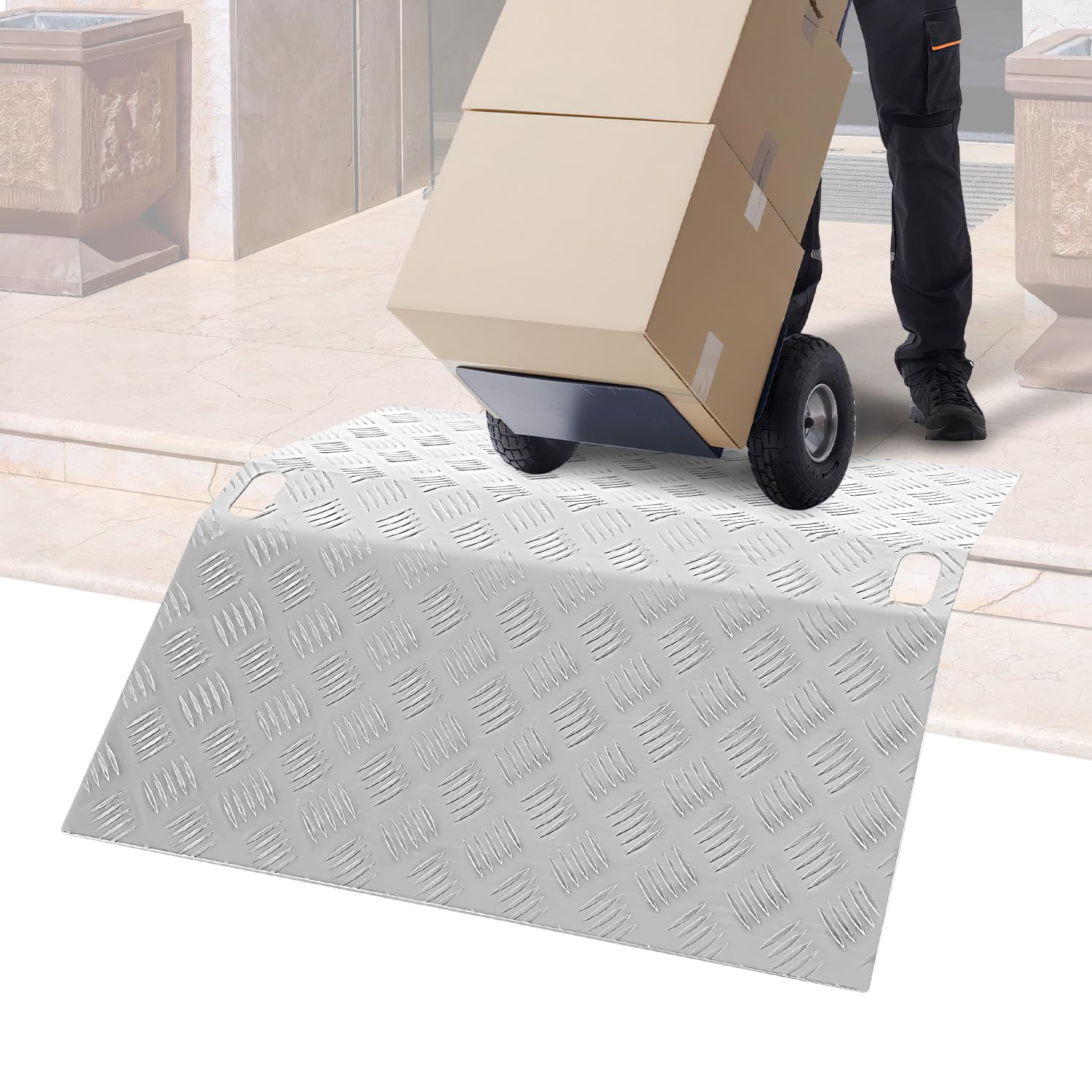 Rampa de umbral para puertas y sillas de ruedas, para silla de ruedas, antideslizante, portátil, con asas, rampa de puente, de aluminio, 80 x 70 x 10 cm