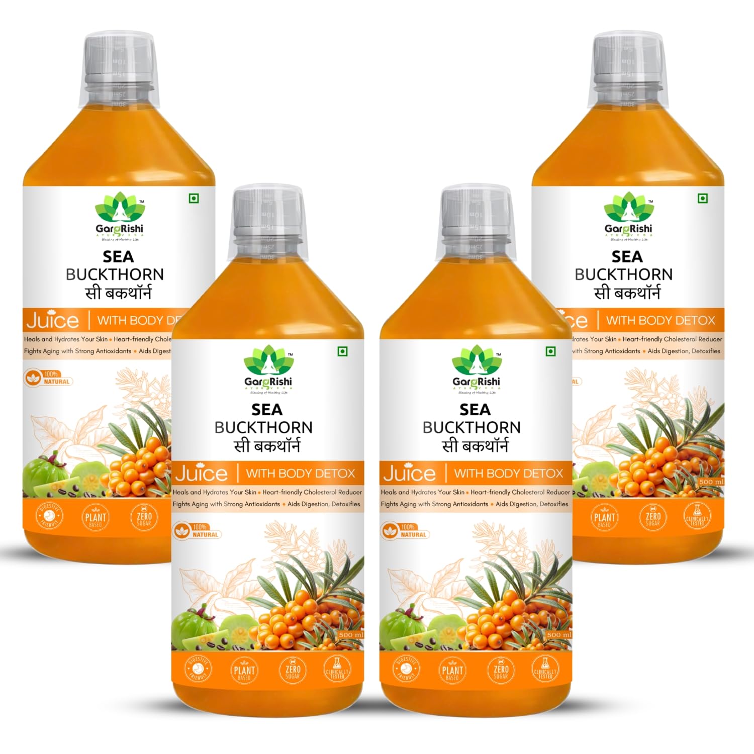 GARGRISHI Sea Buckthorn Juice 500ml | Ayurvedic Herbal Detox Tonic for Immunity, Digestion & Skin Glow | Rich in Omega 3 6 7 9 & Vitamin C | Supports Liver Cleanse & Metabolism | No Added Sugar|Pack of 4