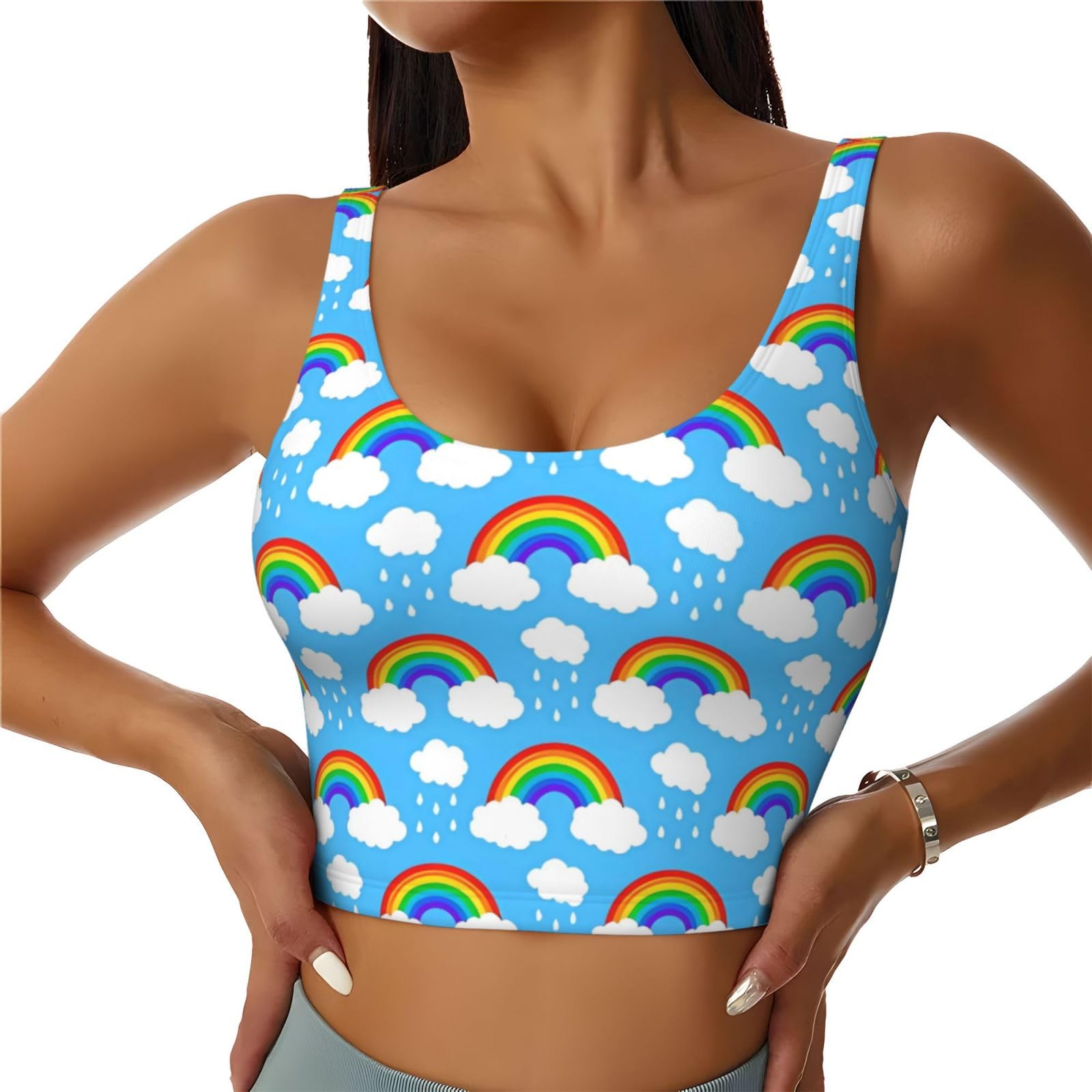 Rainbow Clouds Raindrop Patterned Women's Sports Tank Top Padded Sports Bra Running Fitness Yoga Corset Top Dancewear U Design S