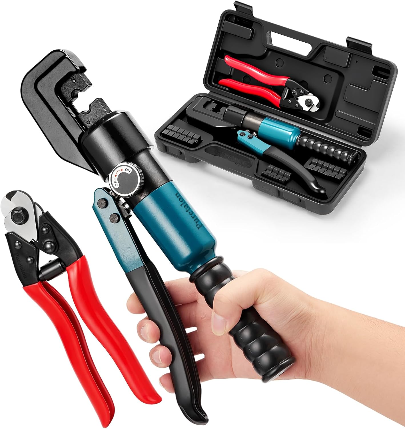 Hydraulic Crimping Tool and Cable Cutter Set - Puretalon Hand Tools Namely Pliers Sets Battery Lug Cable Crimper Wire Tool Kit 8 Ton 12 to 2/0 AWG Electrical Terminal Cable Wire with 9 Die, YQK-70