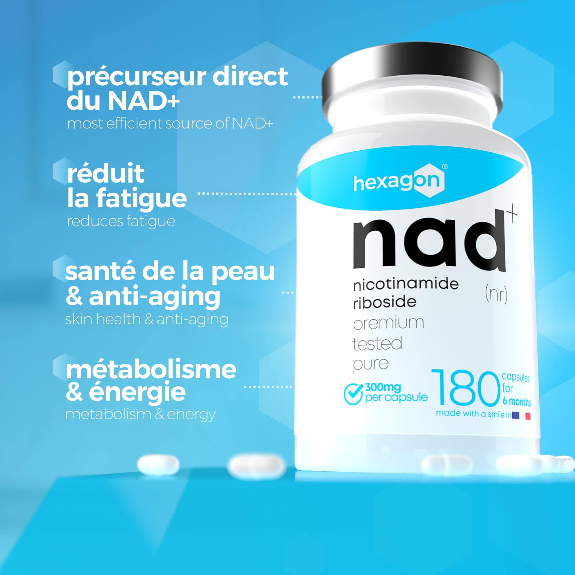 NAD+ Nicotinamide Riboside Chloride 300mg - +6 Mois de Cure - NAD Booster - Anti-Aging & Contre la Fatigue - Made in France - 180 Gélules Végétales - Vegan - Hexagon