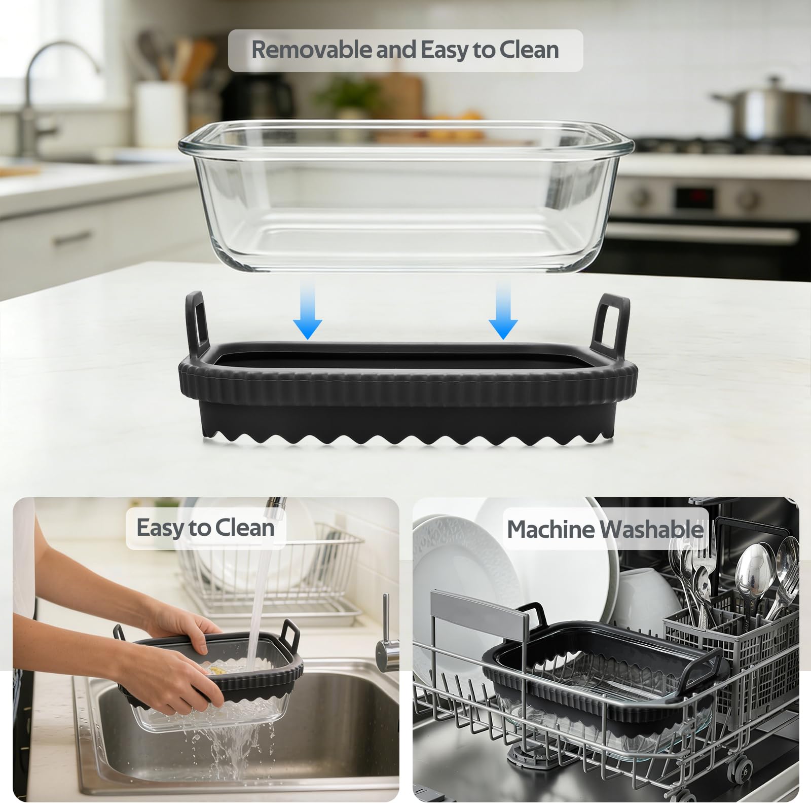 Lot de 2 Plat en Verre Pour Air Fryer Avec Poignées en Silicone pour Ninja Cosori Philips,Récipient en Verre Airfryer Résistant à la Chaleur et Aux Rayures,Passe au Lave Vaisselle Plat Verre Air Fryer - 4