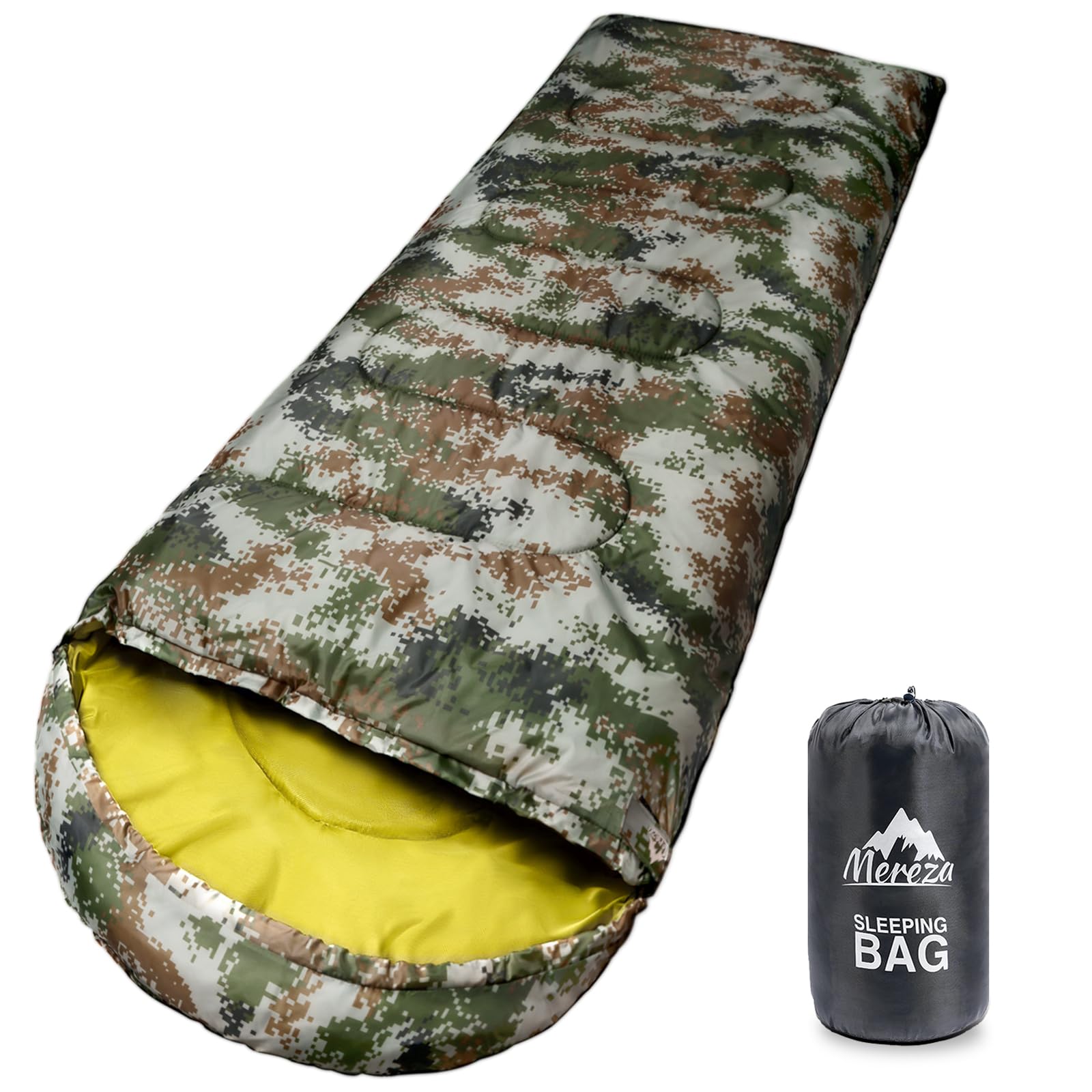 MEREZA XL Wide Sleeping Bag for Adults - Extra Large, Warm & Tall Design for Camping in Cold Weather, Includes Compression Sack | Men & Women Camouflage & Yellow
