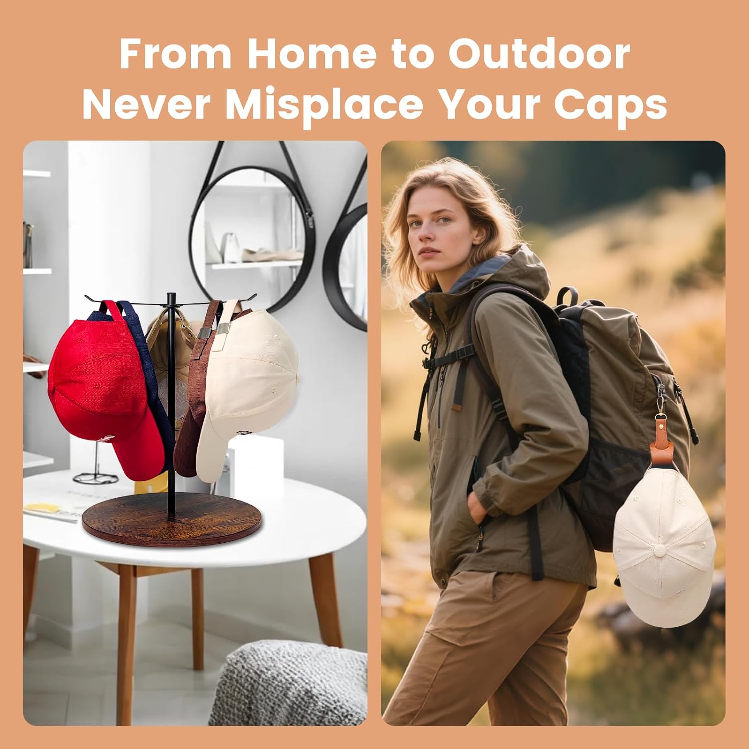 回転式野球帽オーガナイザー&amp;トラベルハットクリップバンドル、木製帽子オーガナイザー 野球帽12個用 ポータブルハットクリップ