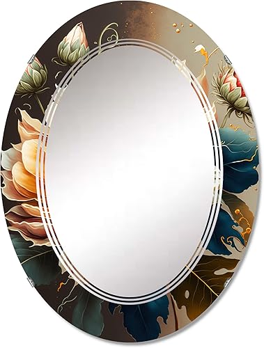 Espejo de pared floral y botánico, espejo tradicional ovalado, espejo de baño redondo naranja, espejo de tocador de girasol, flor de girasol