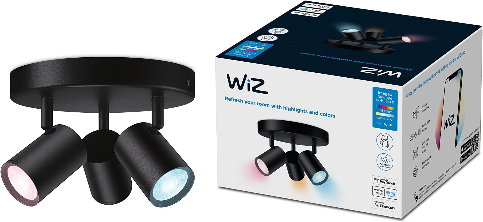 Colour Imageo Smart Connected WiFi Ceiling Light Spot Fixture. [3 Spot - Black Rectangle] App Control for Indoor Home Lighting, Livingroom and Bedroom