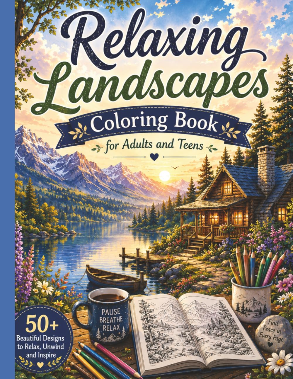 Relaxing Landscapes Coloring Book for Adults and Teens: Beautiful Nature Scenes, Mountains, Forests, Lakes, Beache & Peaceful Views for Stress Relief and Mindful Coloring