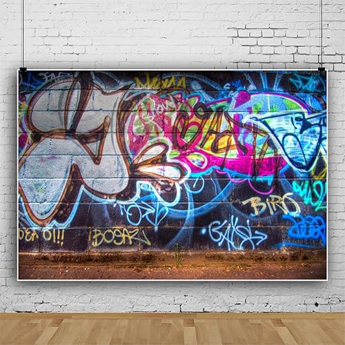 Miniatura 3 de YongFoto Fondo de pared de graffiti urbano de 10 x 8 pies, dibujo a mano, pintura mural de hip hop de los años 80, fondo de fotografía, decoración