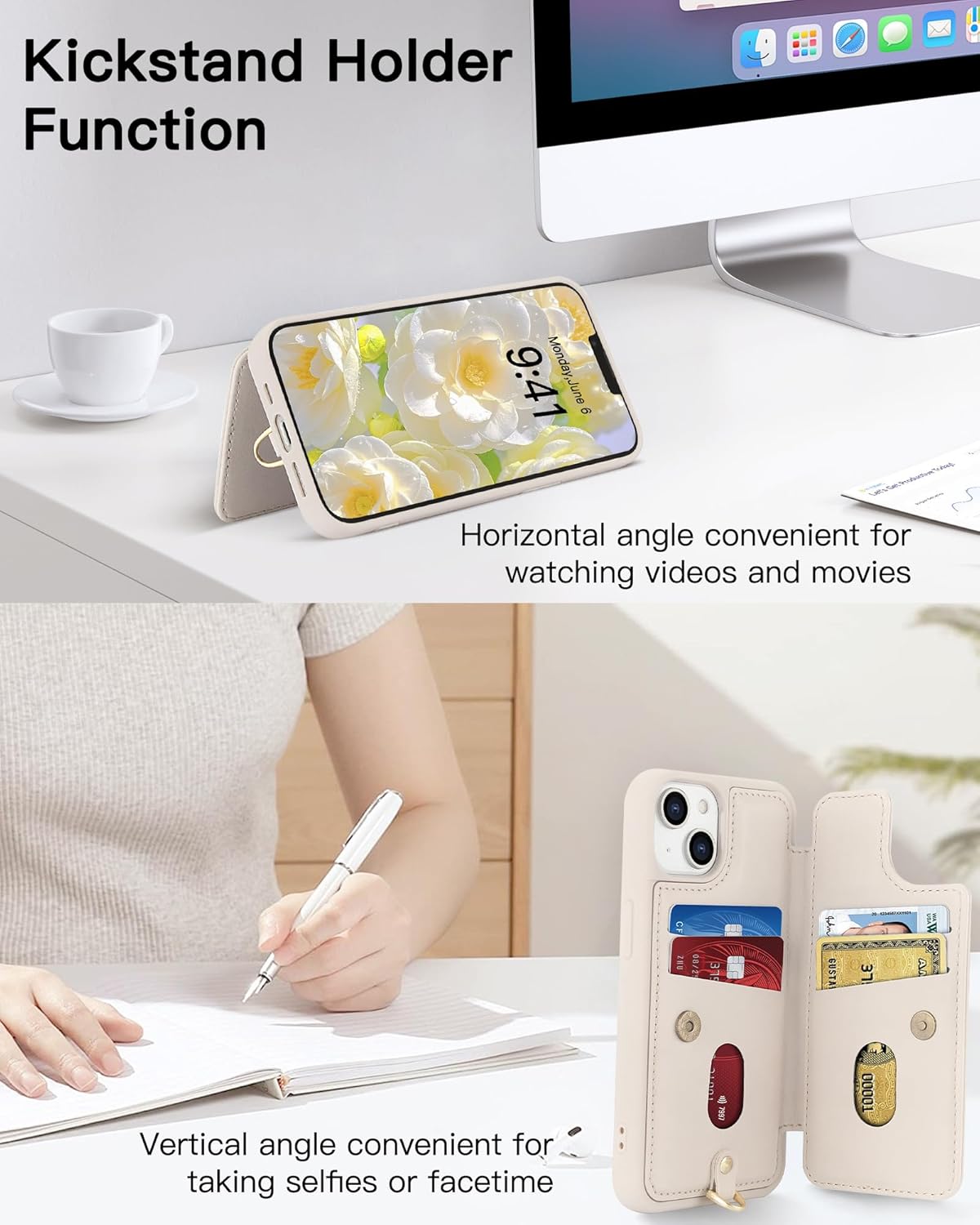 Compatible with iPhone 13 / iPhone 14 Wallet Case with Card Holder for Women, Kickstand, Crossbody Lanyard, Wrist Strap Flower Leather Flip Cover Designed for iPhone 13/14 6.1", Beige - Image 4