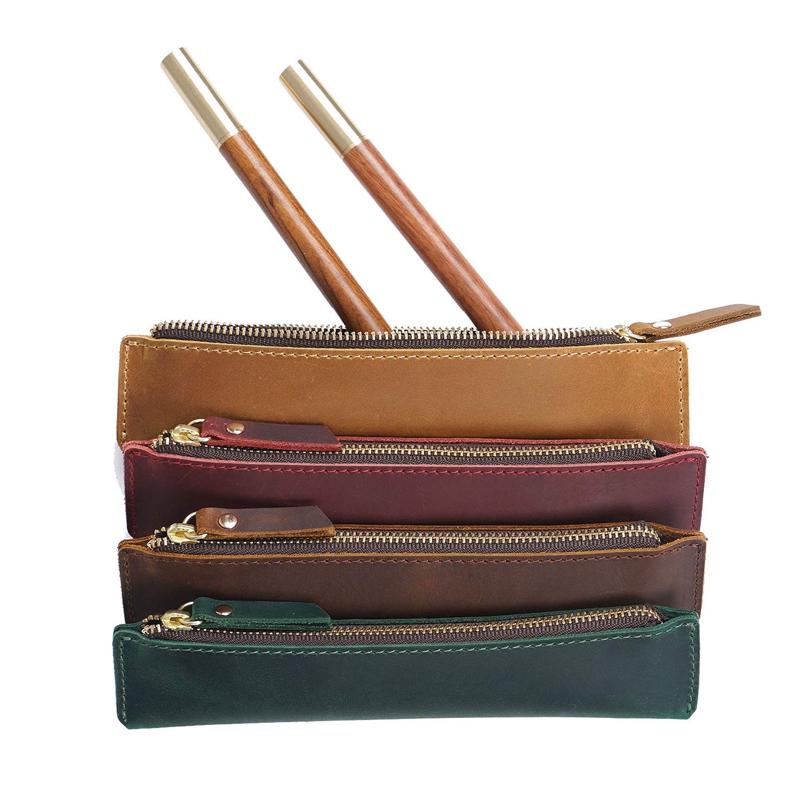 Astuccio in pelle, astuccio piccolo, Astuccio in vera pelle con cerniera Multicolor 19x4cm(Green)