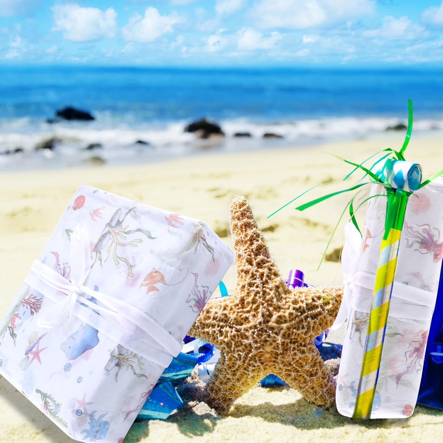 Tinoaly 30pcs Ocean Themed Tissue Paper, Whale Starfish Shell Seaweed Sea Beach Art Soft Wrapping Paper for DIY Crafts Birthday Valentine Baby Shower Party Gift Bags