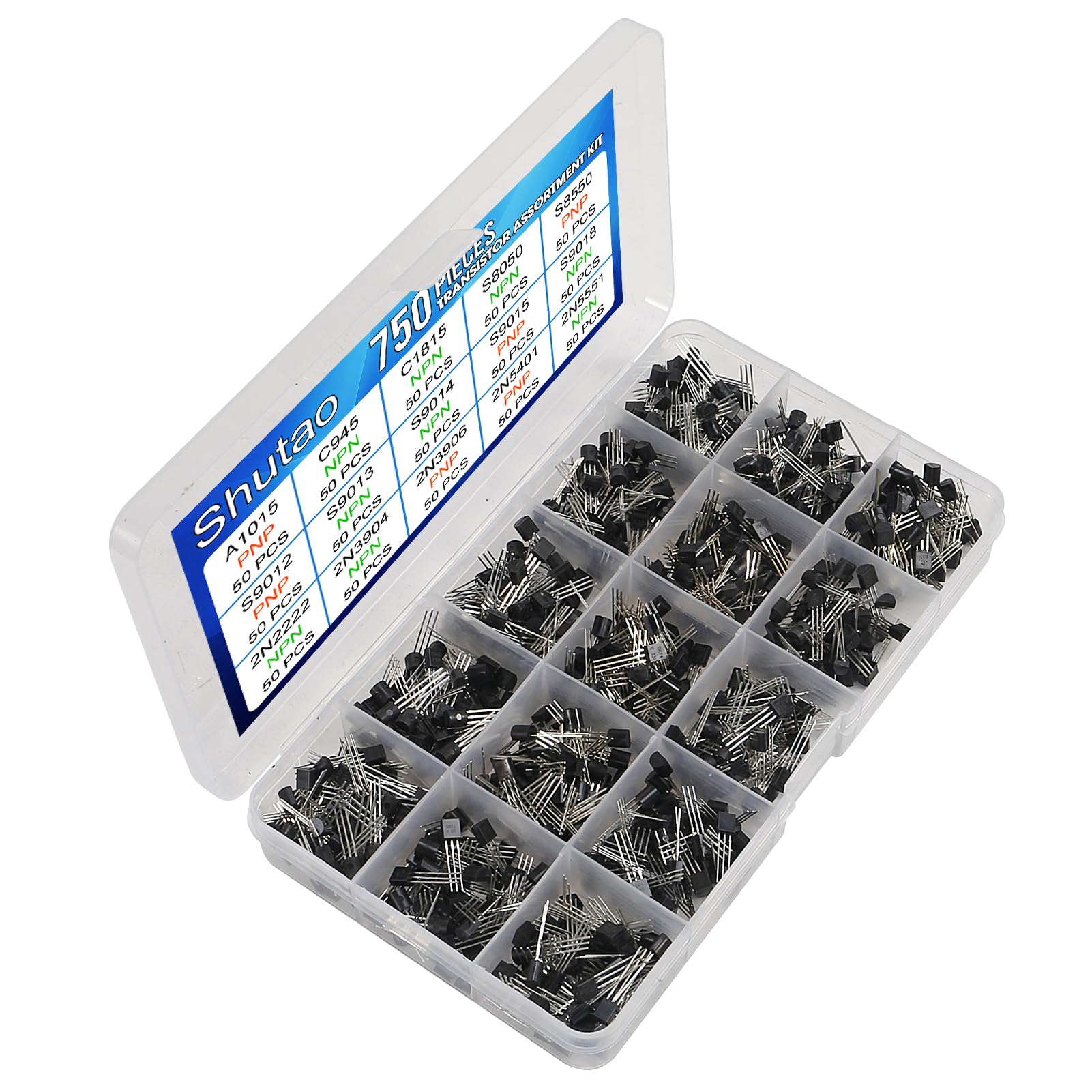 750 Pcs Transistor Kit A1015 C945 C1815 S8050 S8550 S9012 S9013 S9014 S9015 S9018 2N2222 2N3904 2N3906 2N5401 2N5551 15 Values PNP NPN Power Transistors Assortment Kit