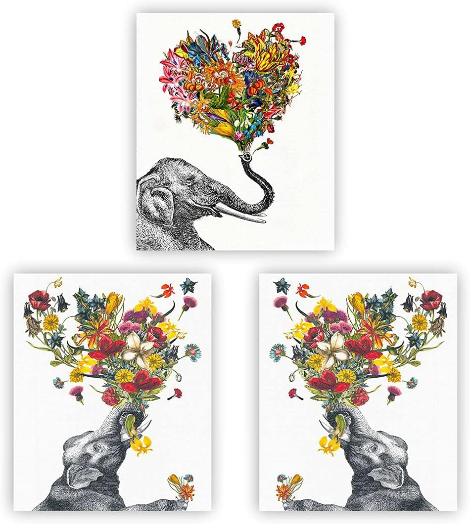 Barri Design Elephant Print Wall Art Cute Elephant Wall Art Glitter Watercolor Elephant Wall Decor Set of 3 Living Room Home Decor Nursery Wall Decor (UNFRAMED)