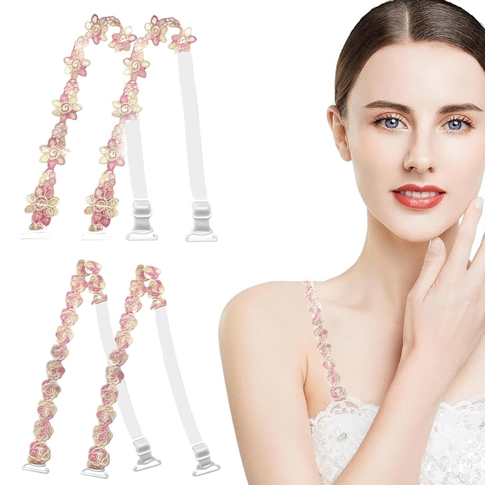 2 PCS Bra Straps for Women Fancy, Floral Bra Straps for Women, Adjustable Bra Strap, 4 Pack Pink Nylon Bra Accessories for Women, Perfect for Off Shoulder Tops and Evening Dresses
