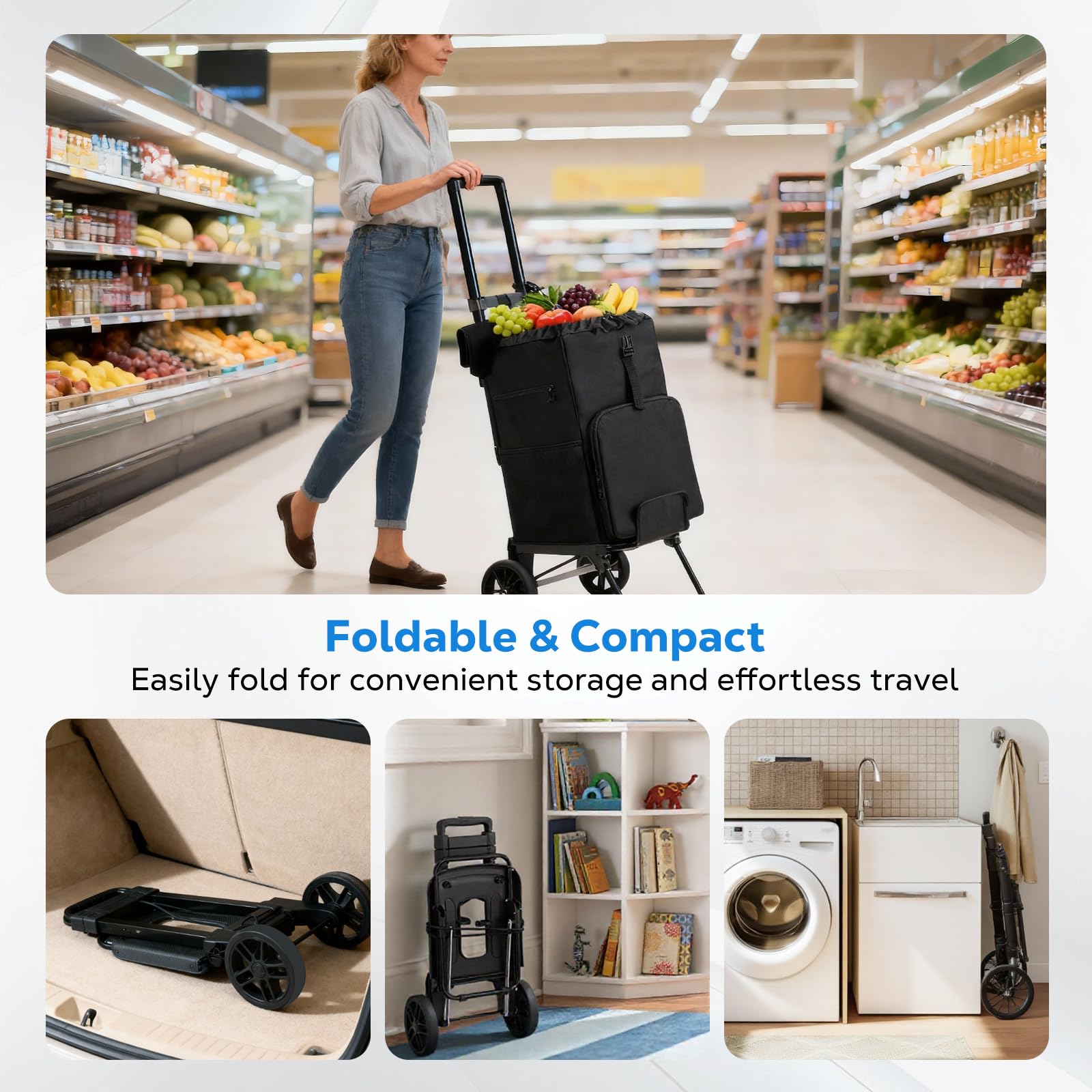 Housolution Einkaufstrolley Klappbar, 46L/136KG Kapazität Einkaufswagen Einkaufstasche mit Rollen, 2 in 1 Faltbarer Sackkarre Hackenporsche für Einkäufe und Reisen
