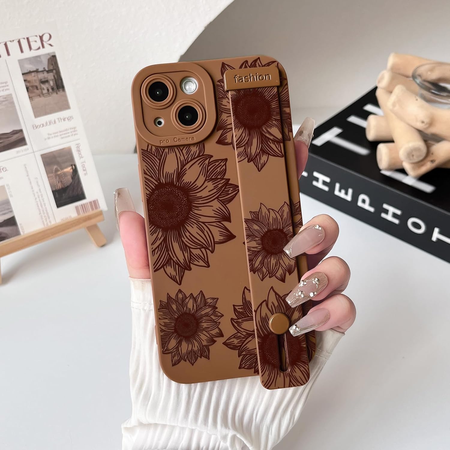 NITITOP Compatible with iPhone 14 Plus Case Cute Floral Sunflower for Women Girls with Wrist Adjustable Hand Strap Kickstand Grip Holder Soft TPU Slim Protection Phone Cover - Brown - Image 4
