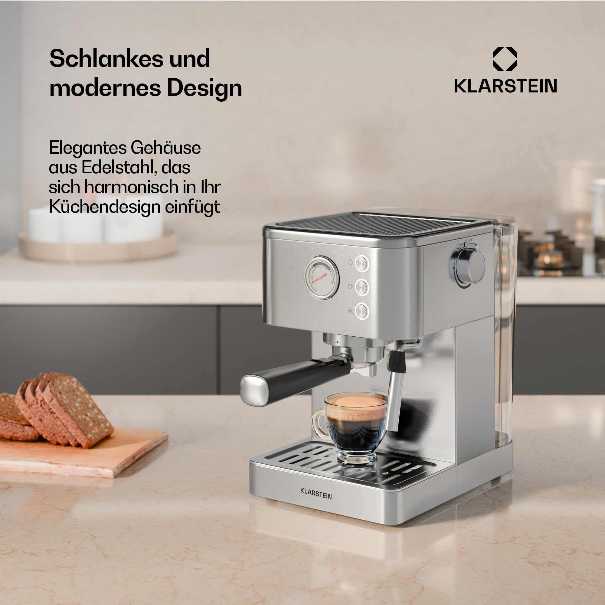 Klarstein SteelPresso Siebträgermaschine – 20-Bar, 1350 W, Edelstahl, Dampf-Funktion, 1,5-L-Wassertank, Kompaktes Design, Mechanische Steuerung, Warmhalteplatte