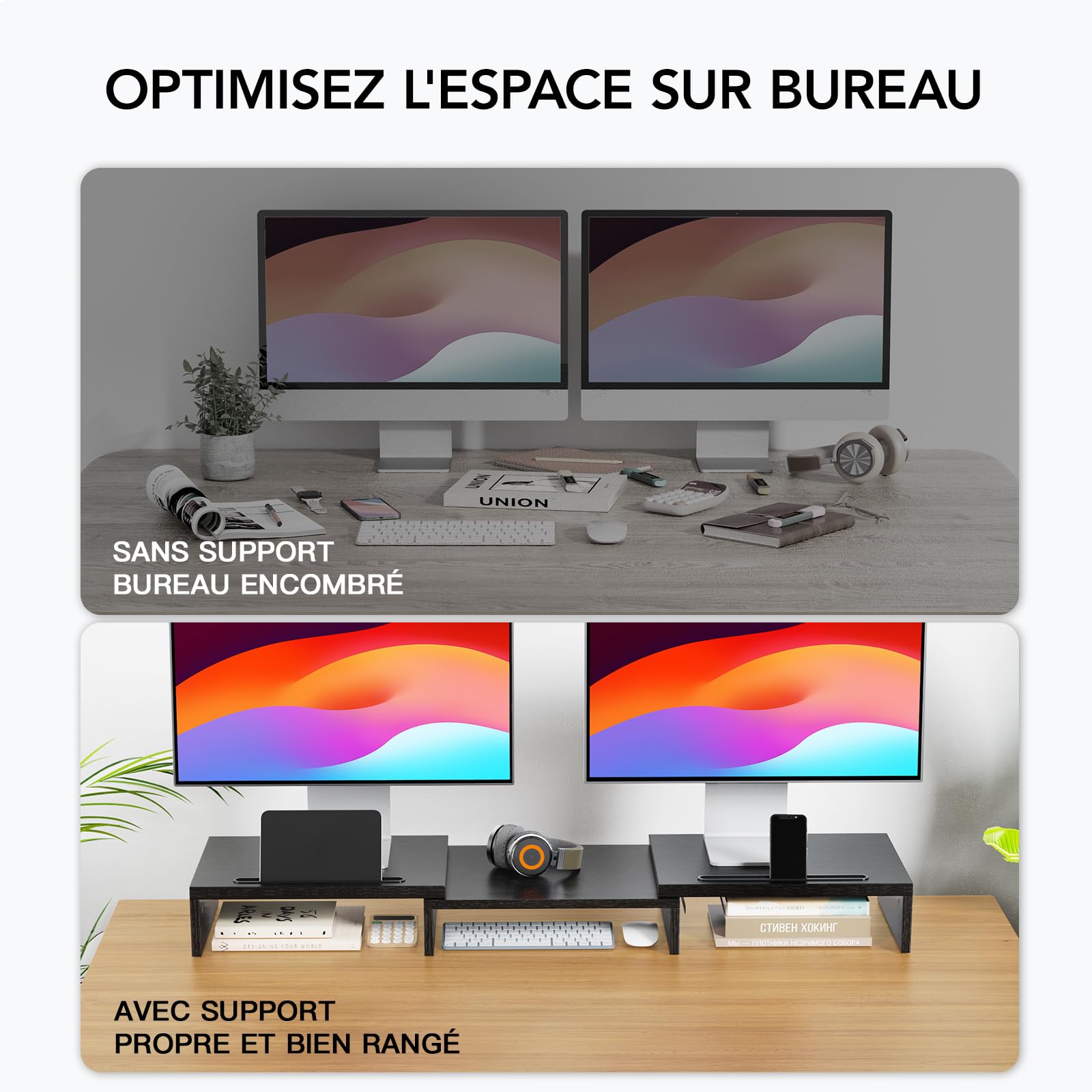 HUANUO Support Moniteur Double, Rehausseur Ecran PC Bureau avec 2 Emplacements, Rehausseur Ecran, Support Polyvalent Écran PC, Laptop, PC, Noir