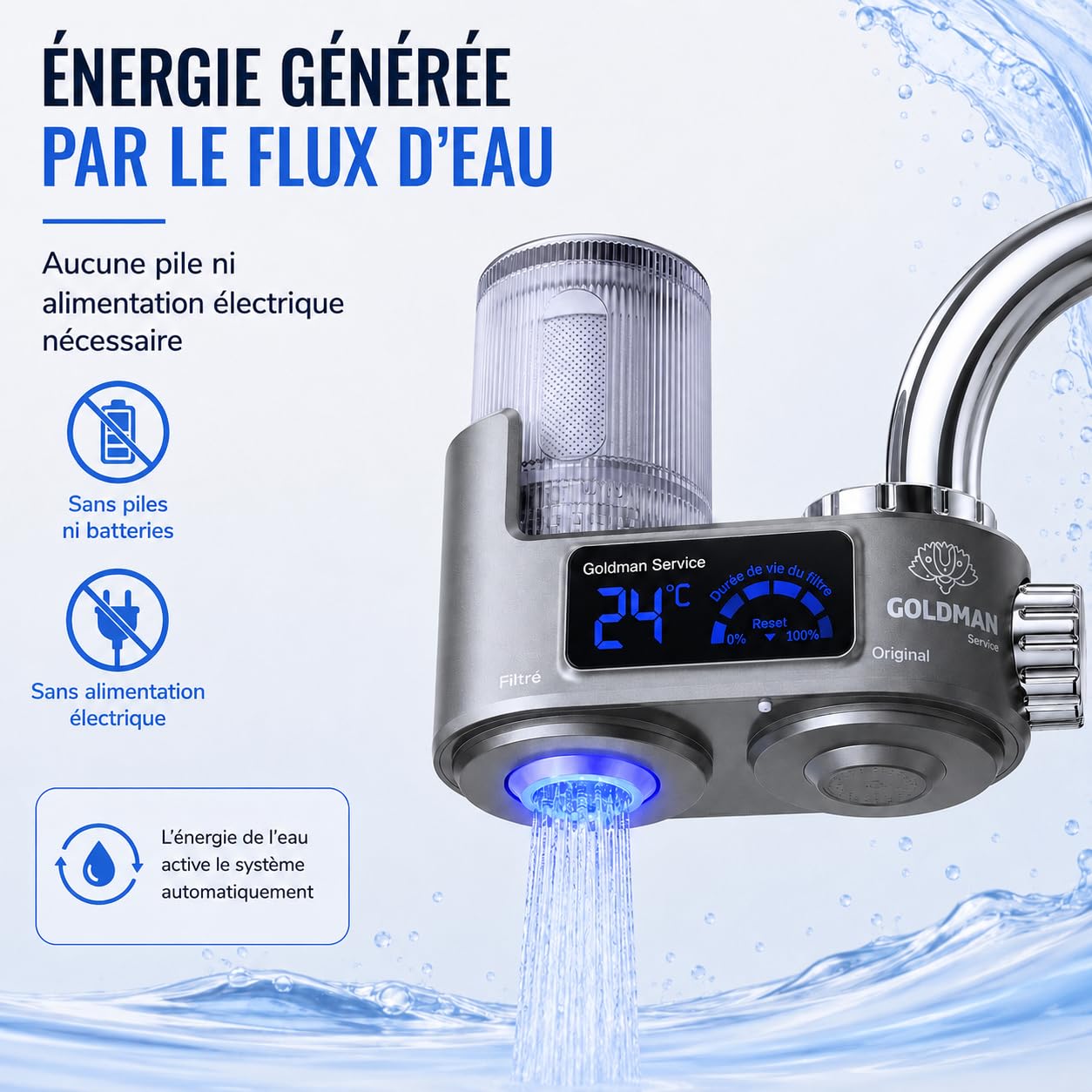 GOLDMAN SERVICE Filtre purificateur d'eau pour robinet avec écran numérique, indicateur de température en temps réel, filtre de rechange inclus et 6 adaptateurs universels
