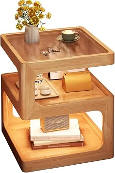 S Minimalist 3 Tier End Table, Minimalist 3-Tier Wood Nightstand, for Small Spaces with Open Storage, Inspired Bedside Table for BedroomOriginal Wood,40cm