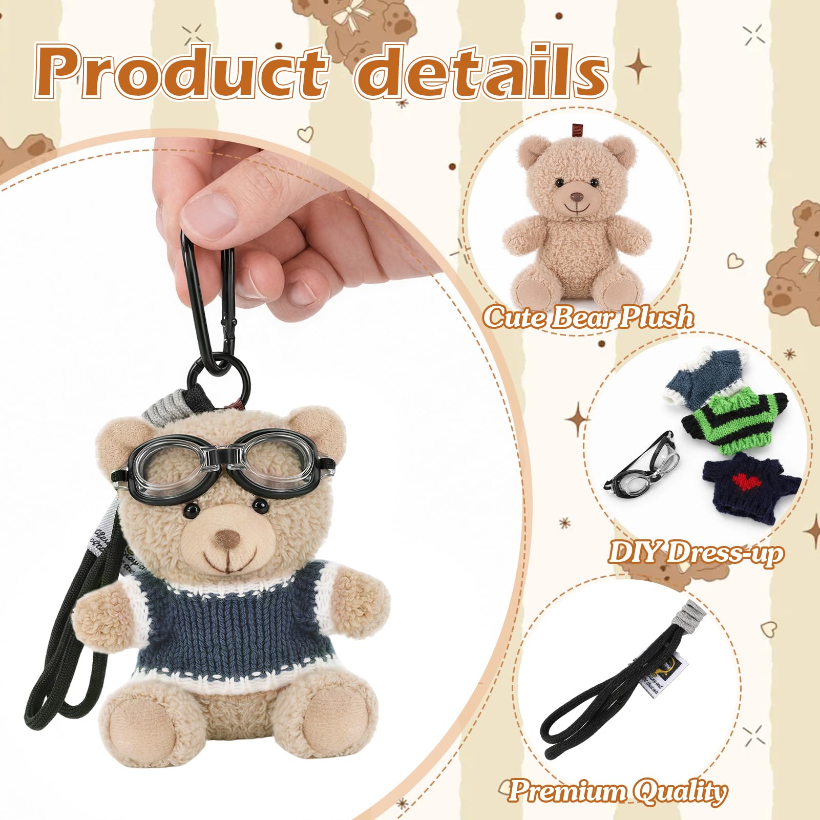MWOOT Llaveros peluche oso, oso peluche para vestir con 3 conjuntos ropa, llaveros con colgante animal, bonitos adornos para bolsos, manualidades para regalar a mujeres, marrón - 4