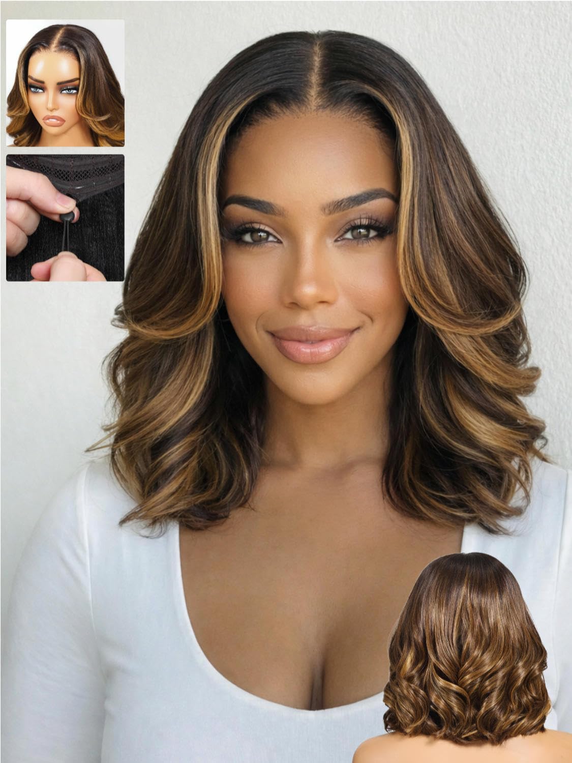 Beauty Forever Pre Everything Glueless Front Balayage Highlight Body Wave Curtain Bangs Glueless Wigs Human Hair Pre Plucked Pre Cut 13x4 Loose Wave Bye Bye Knots Ready to Wear Frontal Wig 18 inch — view 21