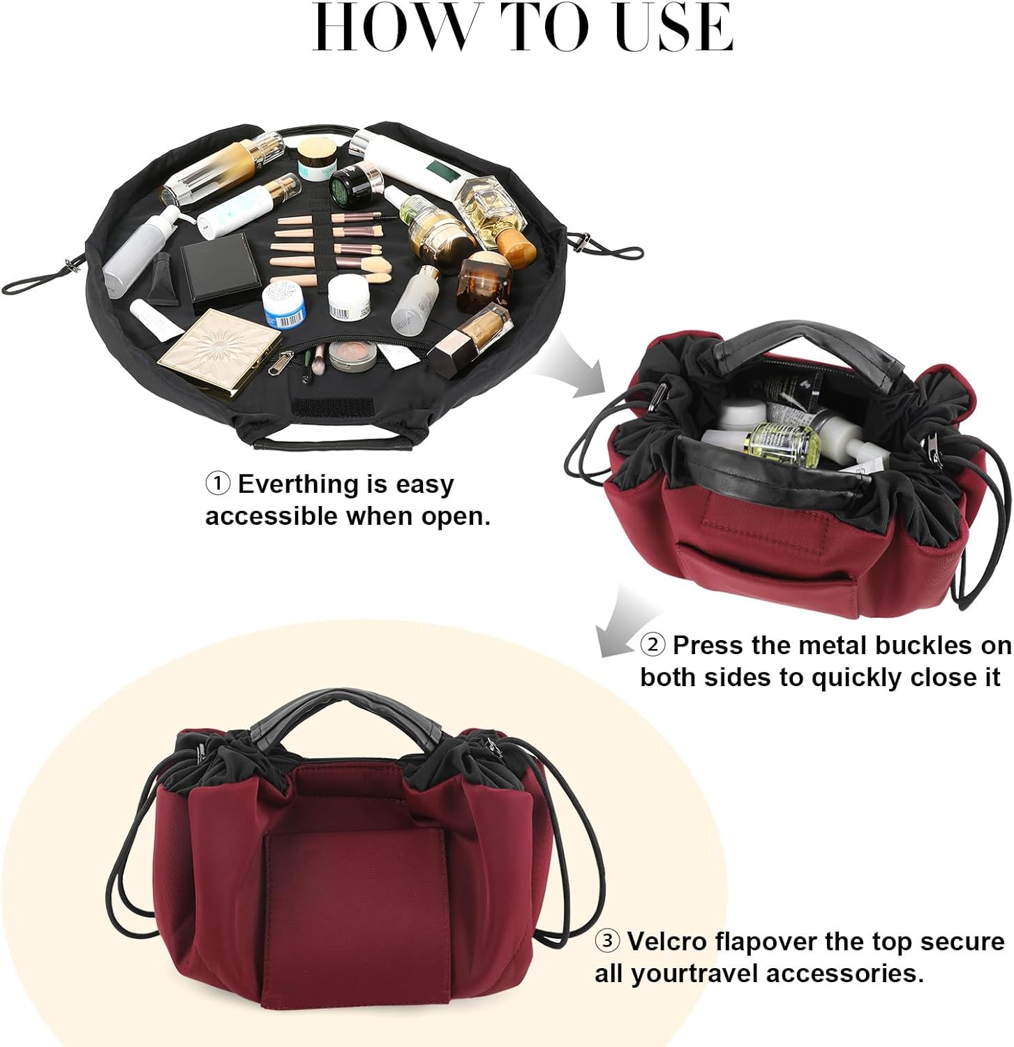 Vomgomfom 20 inch Drawstring Makeup Bag Open Flat,Waterproof Magic Cosmetic Pouch for Women (J-Wine Red) - Image 4