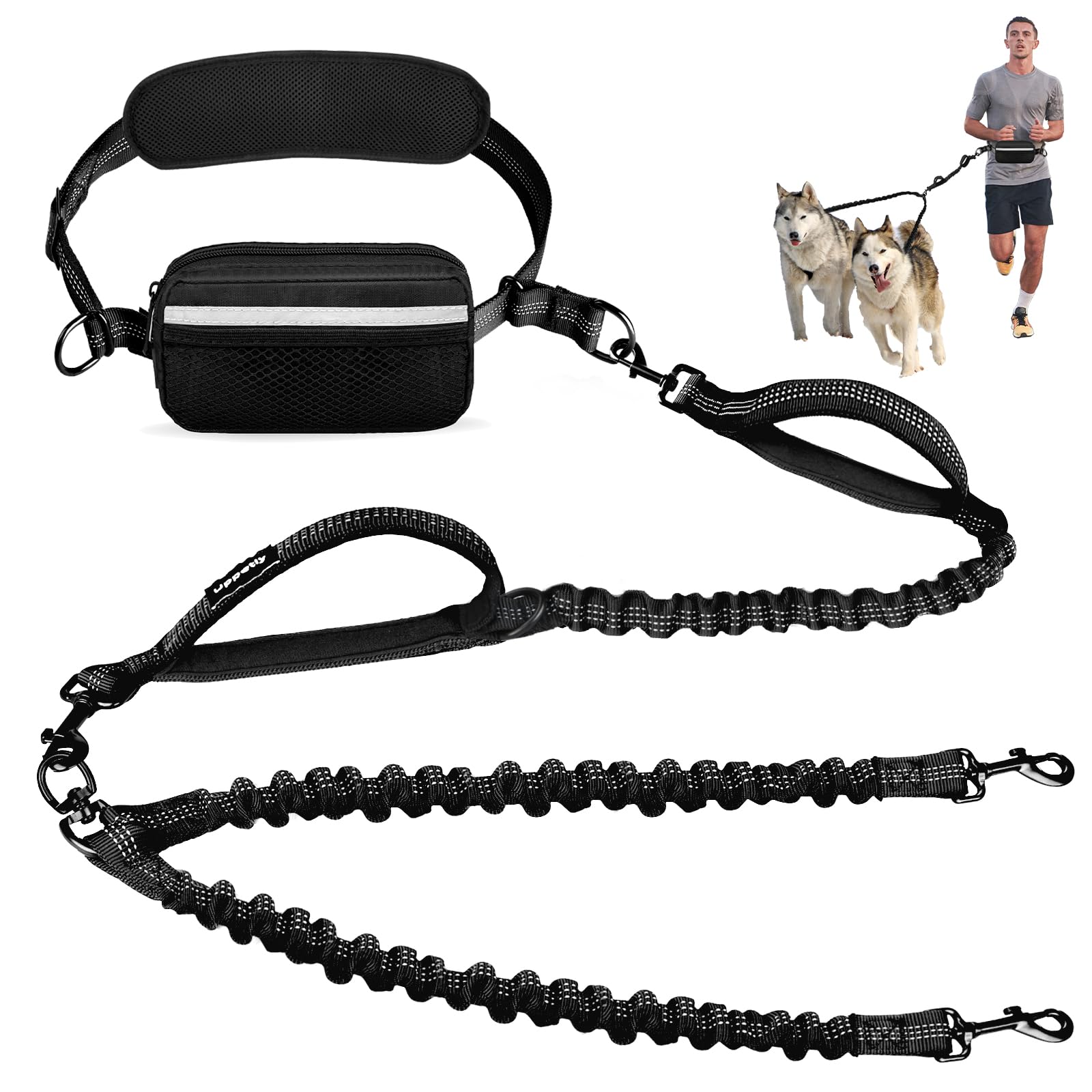 Uppetly Hands Free Double Dog Leash with Pouch, Dual Leash for 2 Dogs with Reflective Padded Handles, Durable Bungee and Lumbar Waist Belt for Walking, Jogging and Running (Medium/Large, 25-120 lbs)