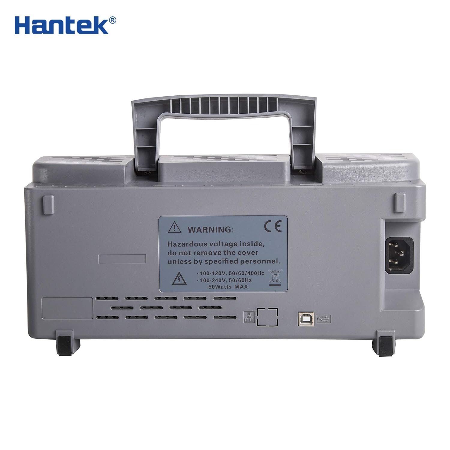 Rear panel of Hantek DSO2C10 showing power input and ventilation