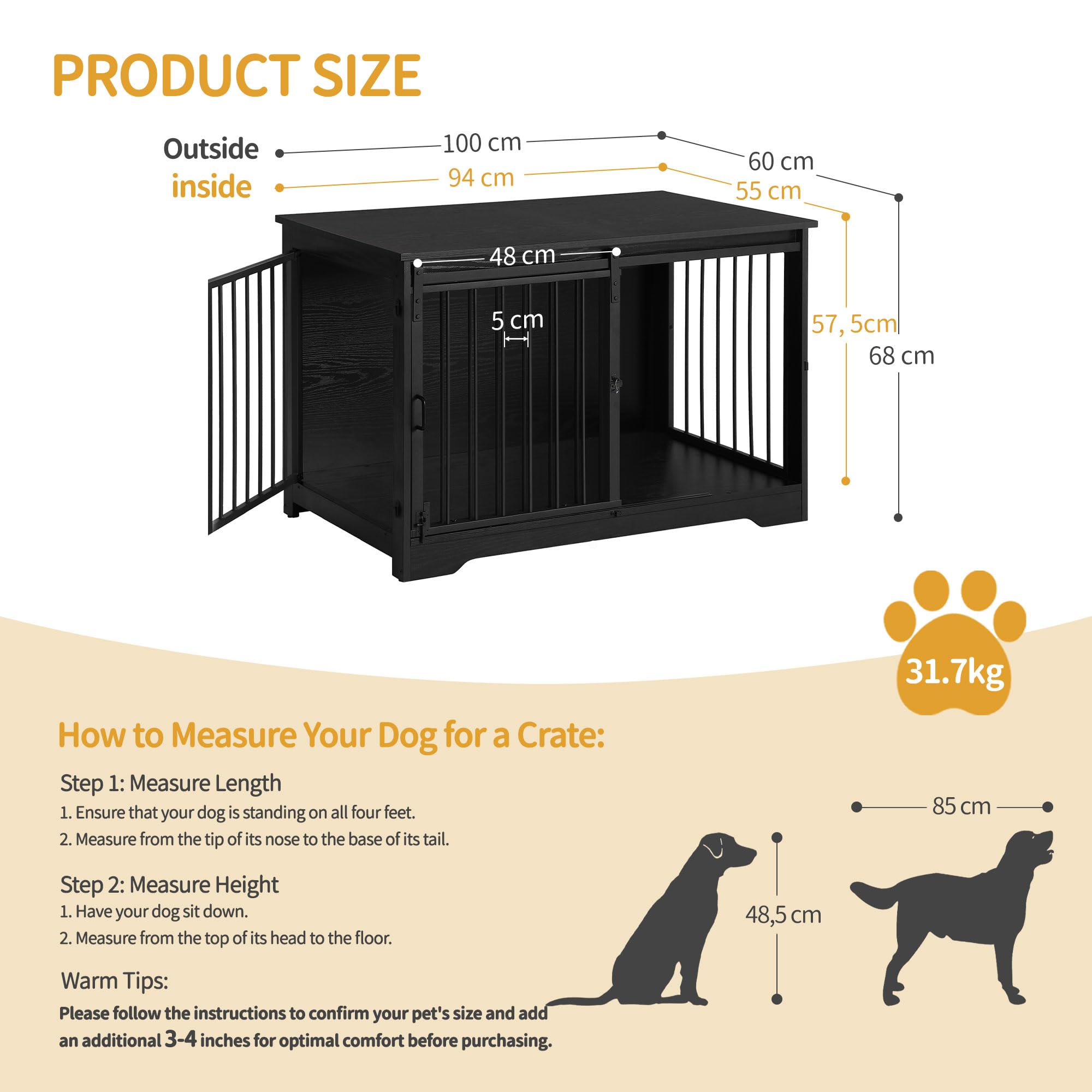 Hzuaneri 100cm Jaula para Perros, Mesa Auxiliar, casa Moderna para Perros, Jaula para Cachorros, dúplex para Animales, 2 Puertas, 60 x 100 x 68 cm, Negro DFC02304B