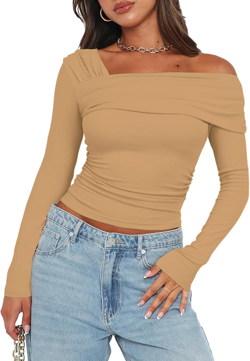 NTSWZYS Women One Off Shoulder Long Sleeve Crop Top Casual Ruched Shirt Slim Fit Y2K Going Out Tops - Image 3