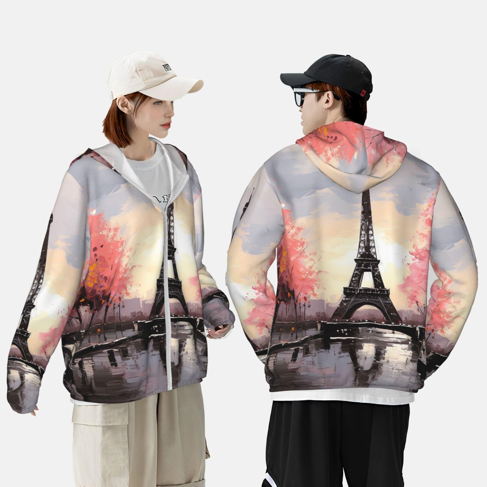 NONHAI Men's Sun Protection Jacket UPF 50+ Full Zipper Long Sleeve UV Hoodie Shirt Oil Painting Paris Women's Outdoor Jacket Black