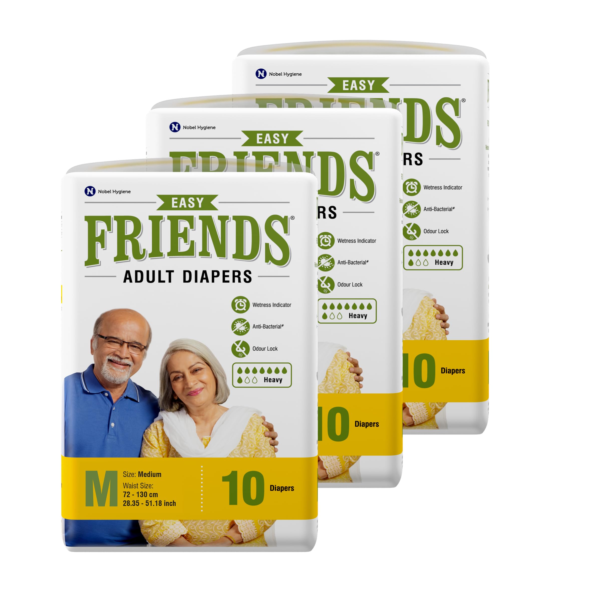 Friends Easy Adult Diapers Tape Style - 30 Count (Medium) with odour lock, Unisex, Leakproof, Wetness Indicator and Anti-Bacterial Absorbent Core- Waist Size 28.35-51.18 inch; 72-130cm