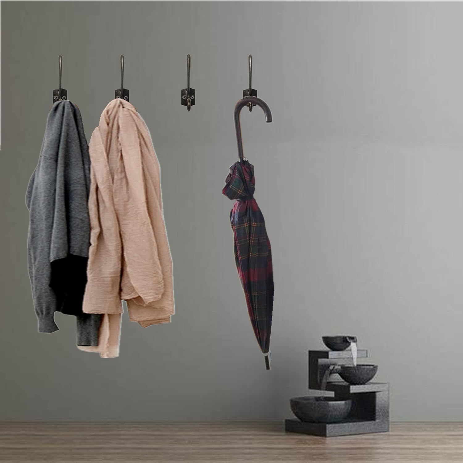 Mestep 6 Pack Rustic Coat Hooks Wall Mounted Robe Double Dual Hooks Heavy Duty Prong Hooks with 24 Screws for Hanging Coat, Robe, Key, Hat, Cup, Bag, Scarf (Bronze) : Home & Kitchen