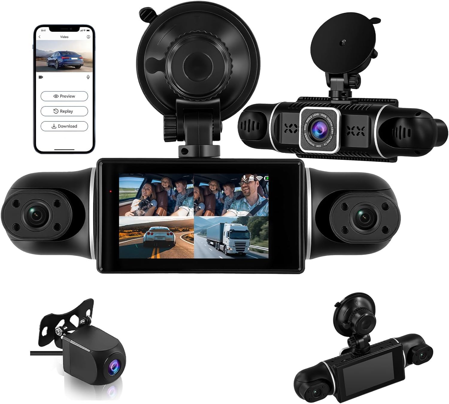 Écran IPS 3" Dashcam Voiture 4 Caméras 360° | Caméra Avant 2K UHD + 3x1080P | Vision Nocturne 8 LED, Parking 24h/24, WiFi & App