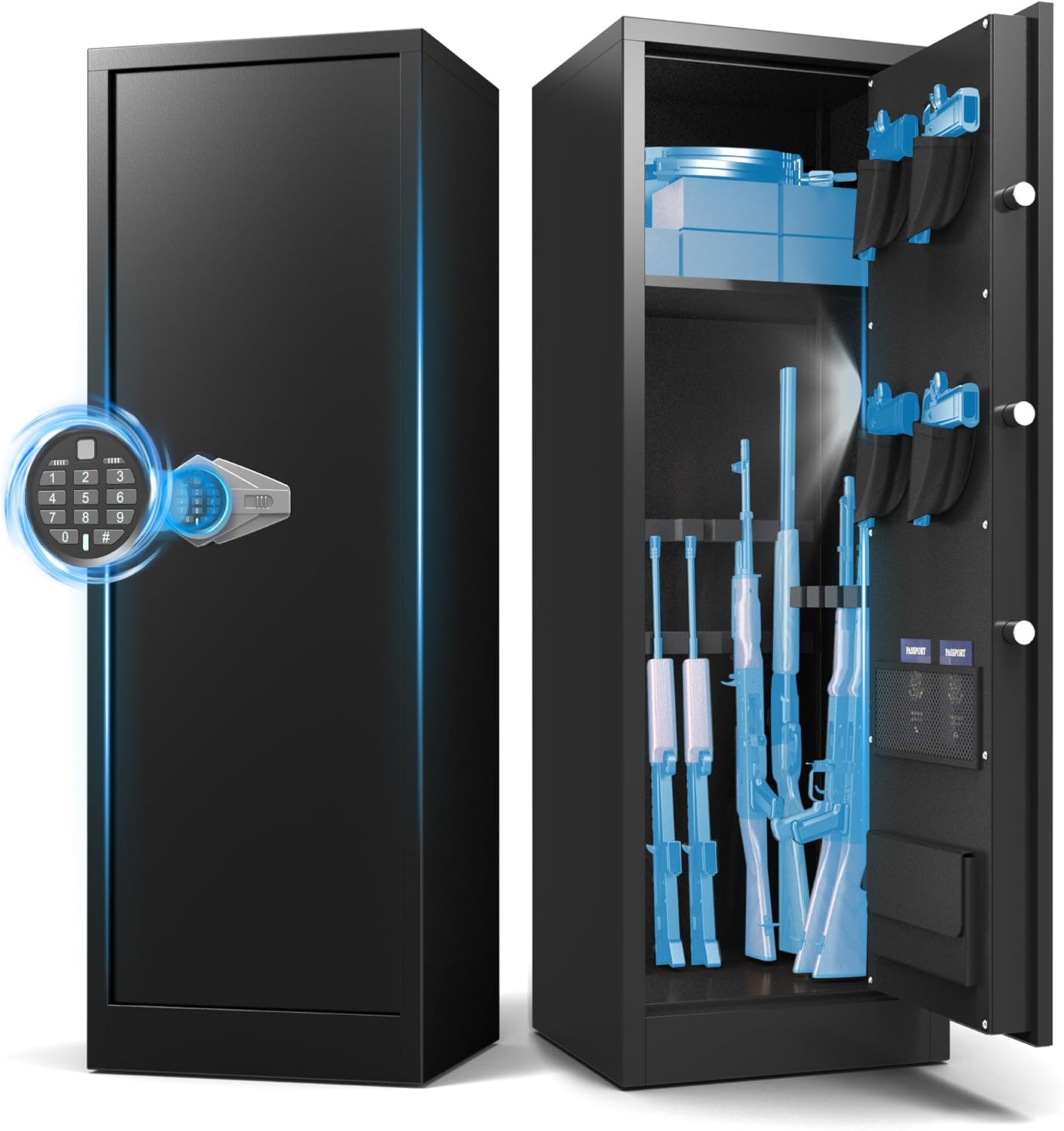 Marcree Large Gun Safe, 8-10 Gun Cabinet with Digital Keypad, Quick Access Rifle Safe with Removable Shelf, Shotgun Safes with Dual Alarm System for Home Office Bedroom, LED Light, Assemble Required