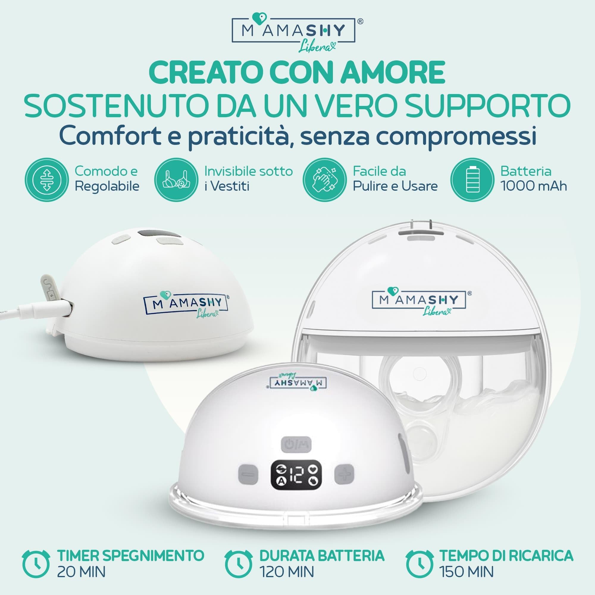 MAMASHY Libera Start – Tiralatte Elettrico Portatile e Silenzioso con 6 Taglie, Ricaricabile USB‑C, 5 Adattatori Silicone BPA‑Free, 20 Sacchetti Latte, Accessori Inclusi