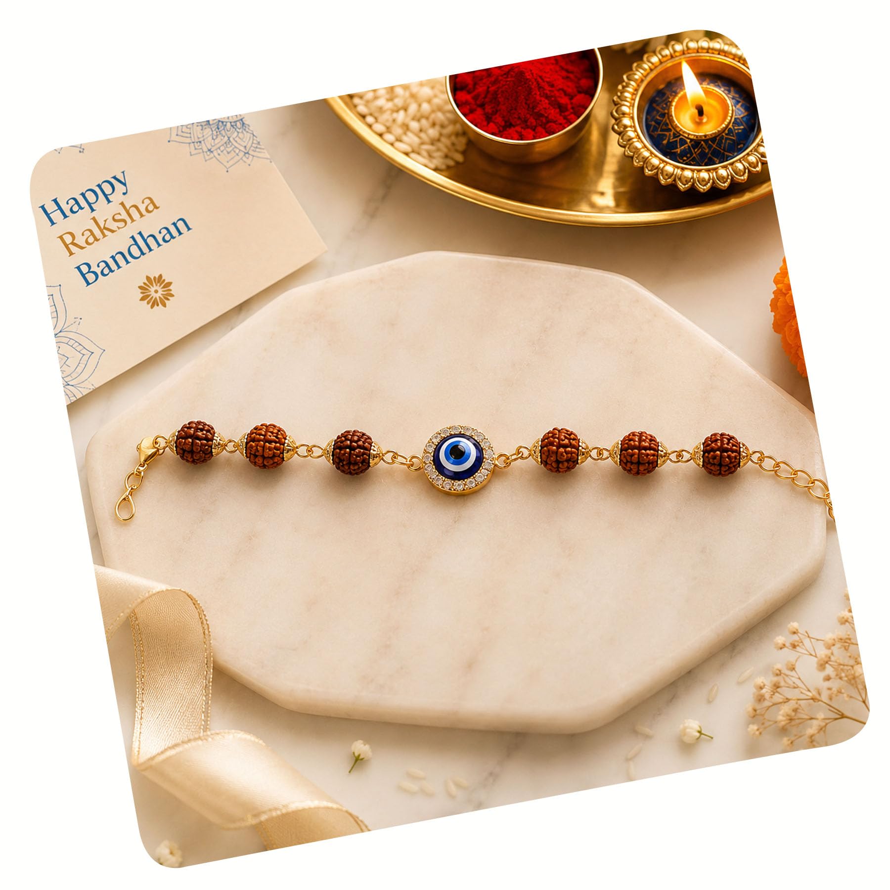 Evil Eye Rakhi Set for Brother- Designer Kundan Pearl Rakhis for Brother Bhaiya Bhai Bro Sister Boy Men Girls,Blue Beaded Evil Eye Bracelet for Protection and Blessing, Designer single rakhi With Best Wishes Greeting Card, Tilak Set-image-19