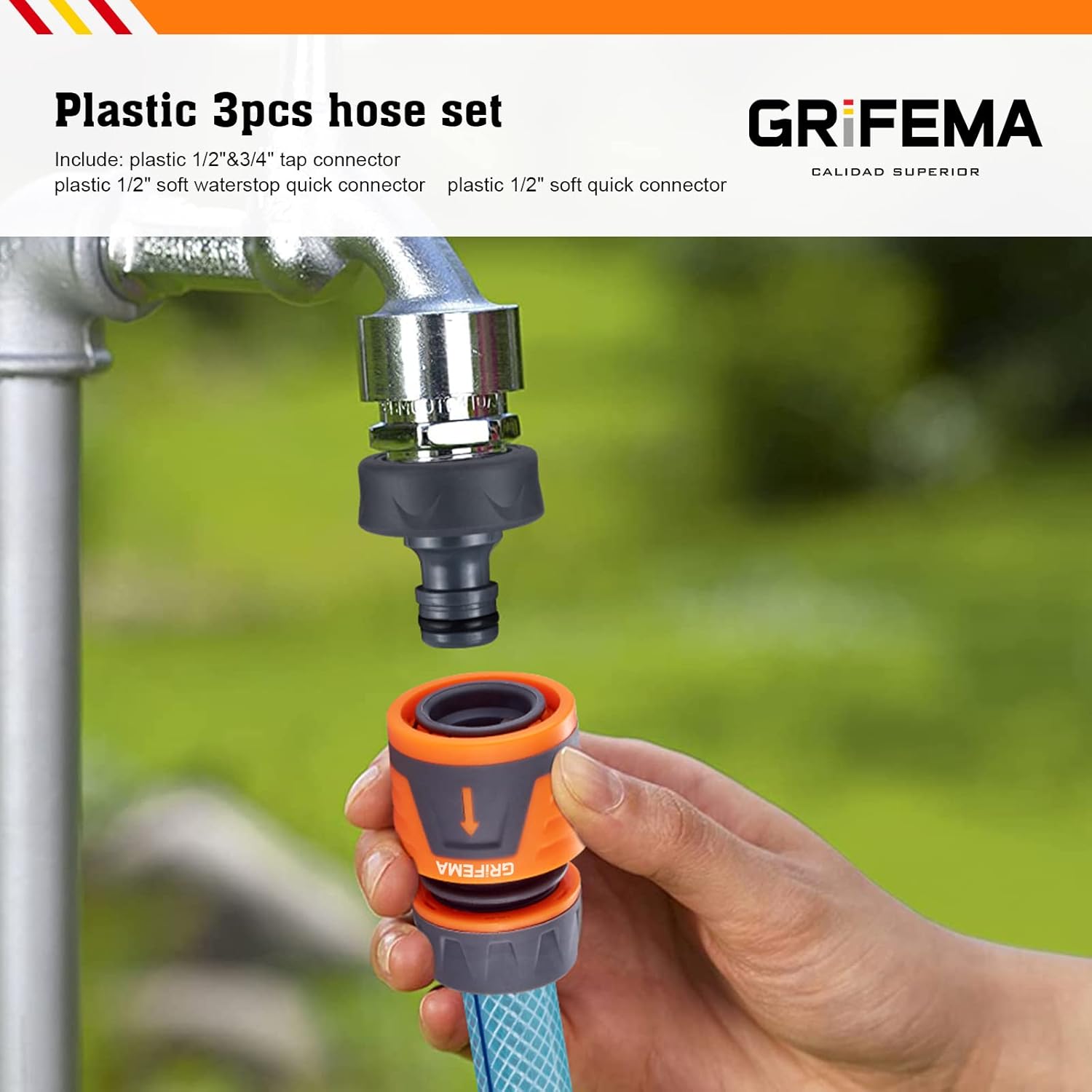 GRIFEMA GE1103 Garden Hose Connector Kit including 1/2" Waterstop Connector, 1/2" Quick Coupling and 1/2" - 3/4" Premium Female Fittings Grey - Orange [Amazon Exclusive]