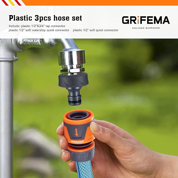 GRIFEMA GE1103, Kit de Raccordement de Robinet/Tuyau de Jardin Avec Connecteur Waterstop 1/2", Connexion Rapide et Connecteur Femelle Premium 3/4", Gris/Orange [Exclusivité Amazon] - 5