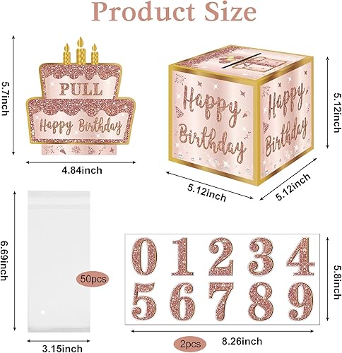 Miniatura 3 de Turypaty Caja de regalo de feliz cumpleaños con calcomanías de bricolaje para cualquier edad, caja de regalo sorpresa de oro rosa para fiesta de