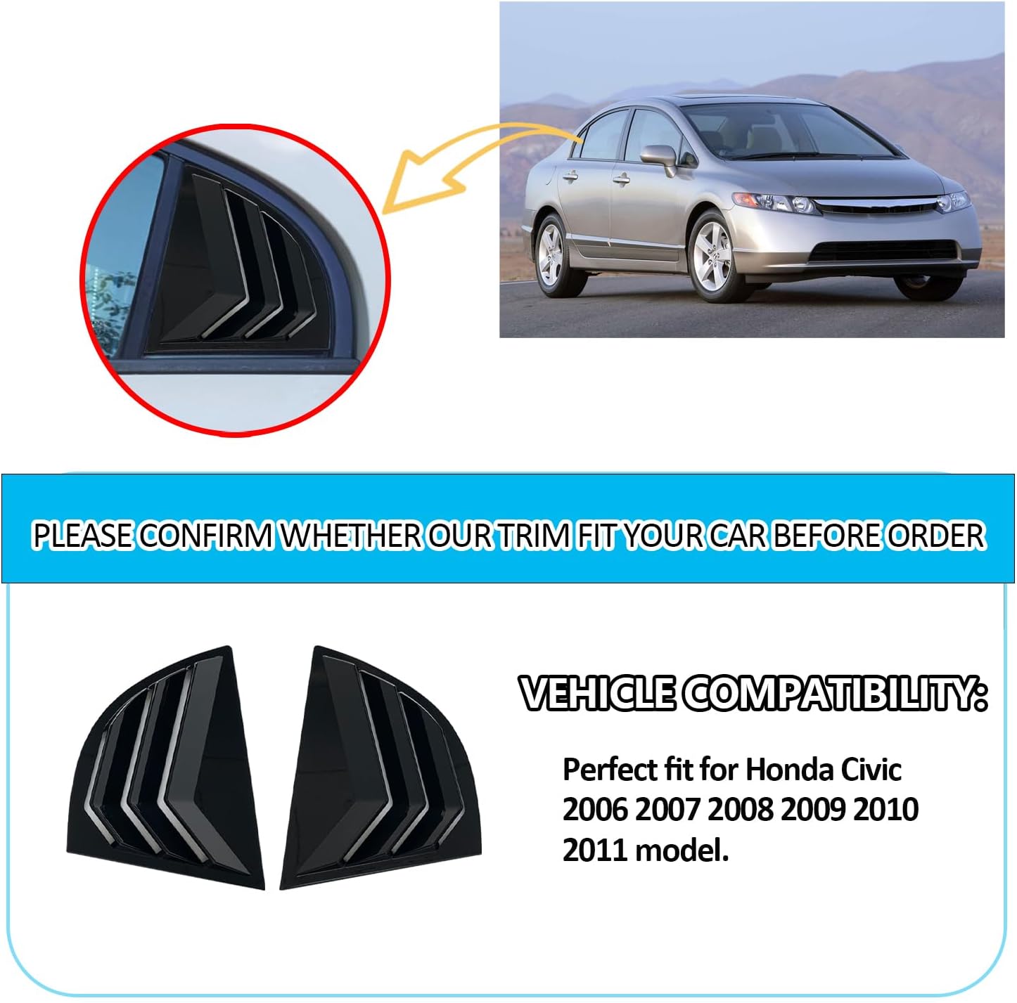 Window Louvers for 8th Gen Honda Civic 2006 2007 2008 2009 2010 2011 Accessories Rear Side Window Louvers Air Vent Shades Panel Cover Exterior Decoration Accessories（Rear Side Bright Black）