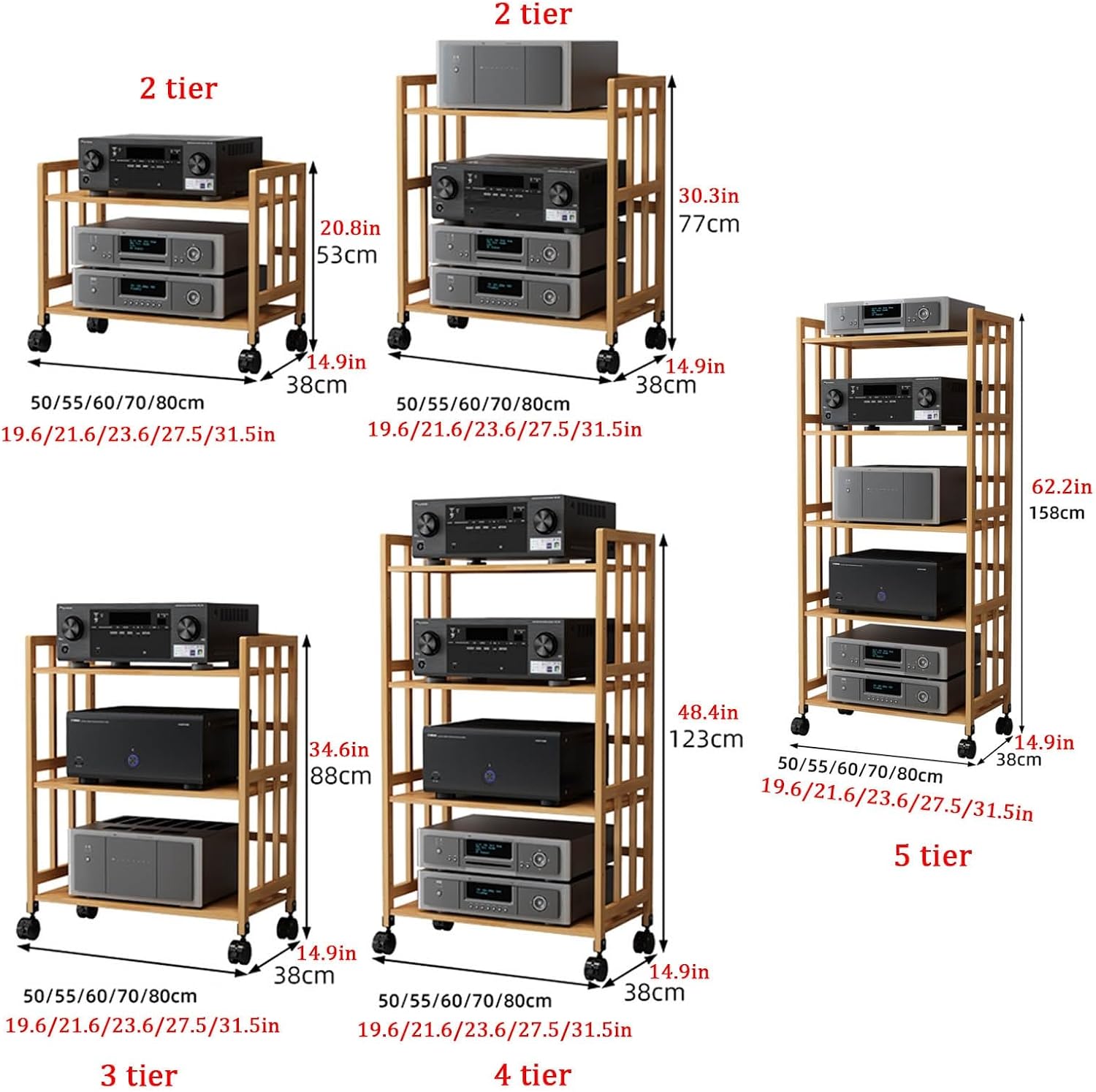 Bamboo Audio Rack, AV Media Stand with Adjustable Shelves, Movable Audio/Video Component Shelf, Open-Ended Stereo Cabinet, Modern TV Stand(2 Tier 60x38x53CM)