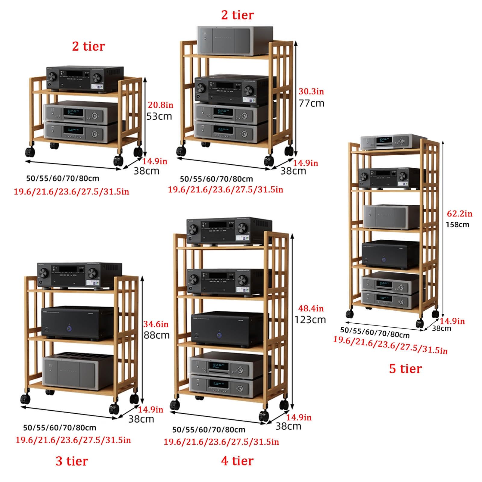Stojak na Media z Bambusa, 2/3/4/5 Poziomów, Stojak na Sprzęt Audio, Regulowane Półki, Ruchoma Stojak na Drukarkę, Stojak do Przechowywania Komponentów Stereo(5 tier 60x38x158CM)