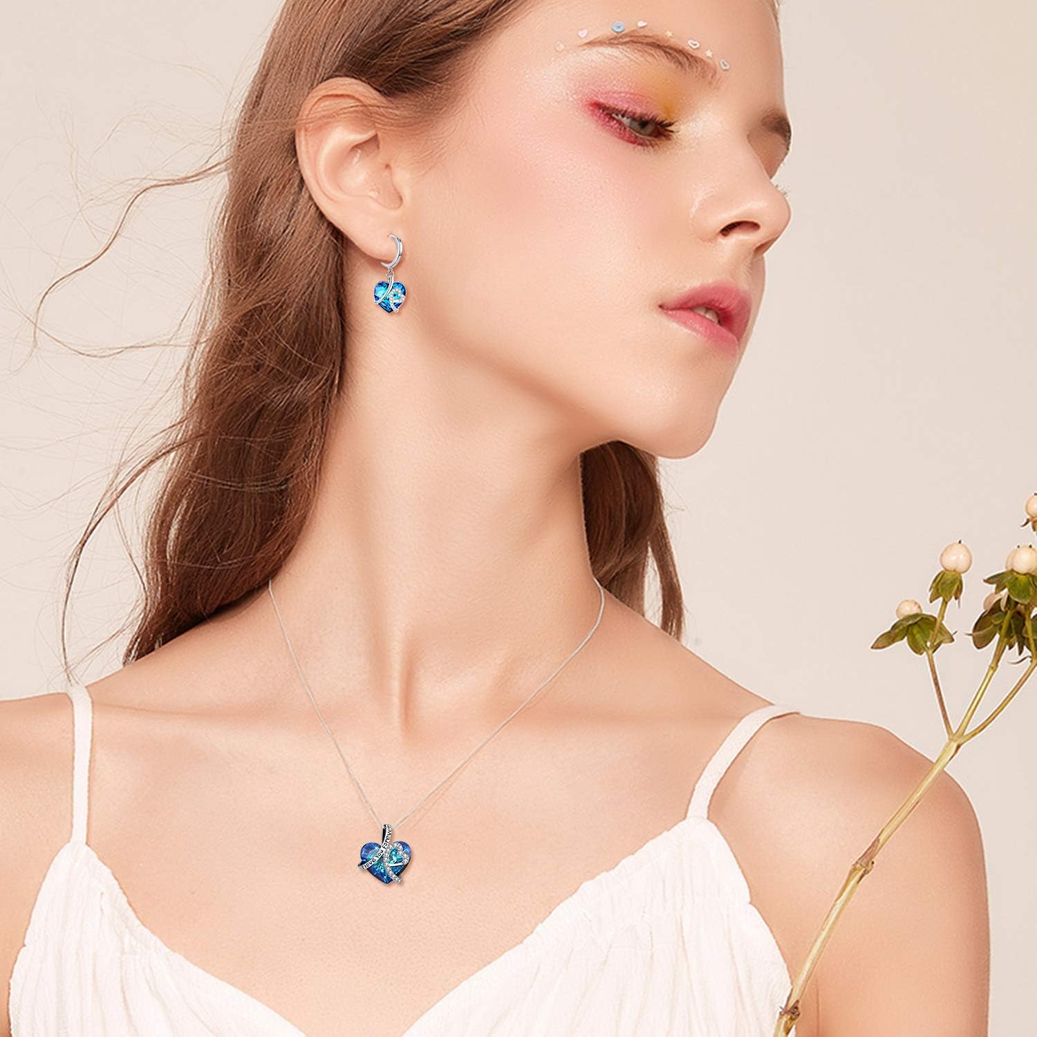 AOBOCO Hoop Dangle Earrings for Women 925 Sterling Silver Drop Earrings with Blue Heart Love Crystals Christmas or Birthday Birthstone Jewellery Gifts for Wife Girlfriend (Blue) - Image 3