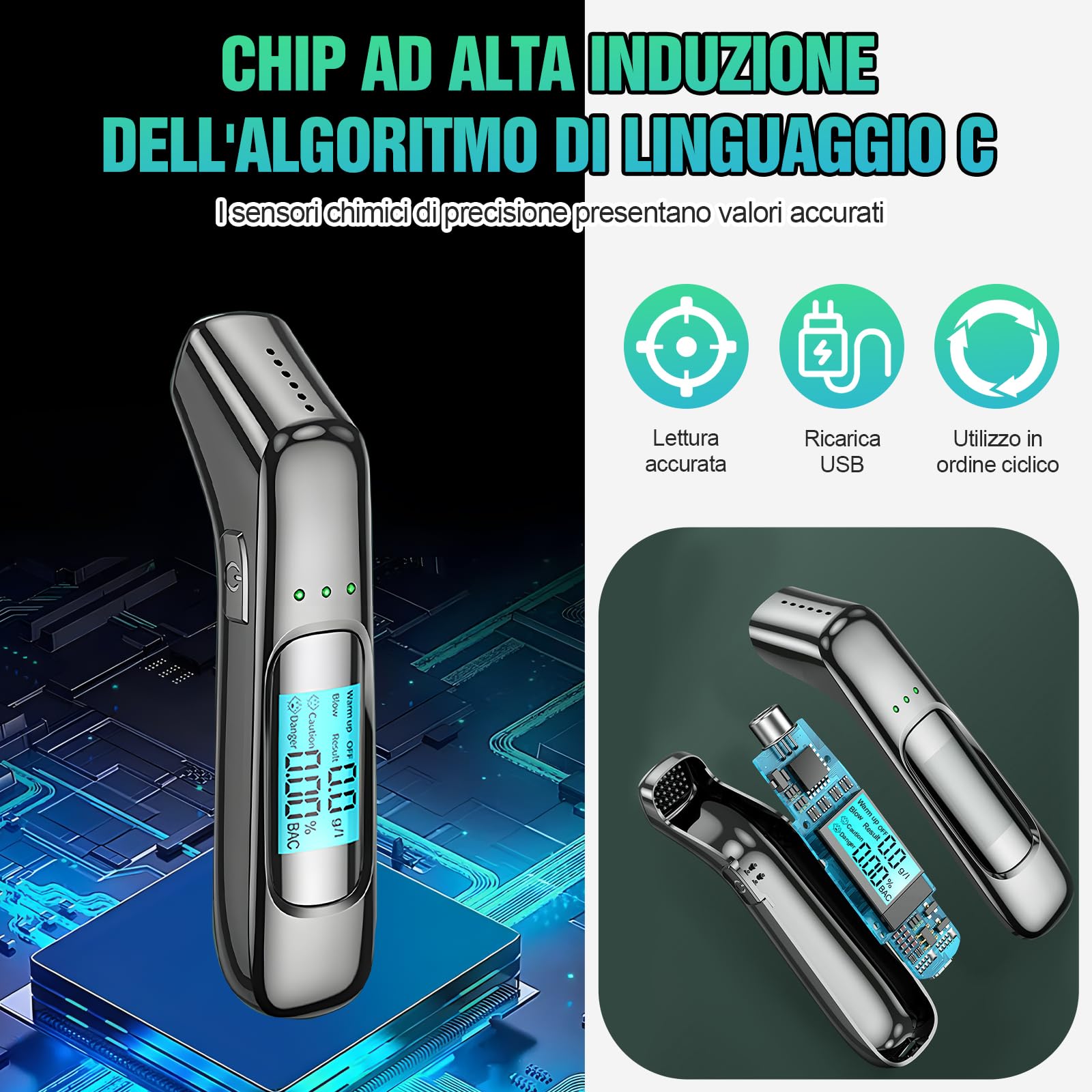 Electri-HQ Etilometro Portatile Certificato,Alcol Test con LED ad Alta Definizione e Chip ad Alta Sensibilità,Adatto per Uso Domestico e Professionale,Nero